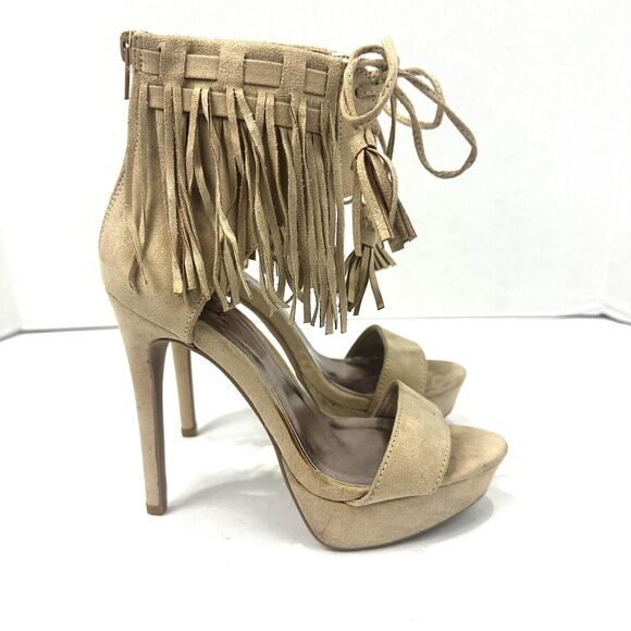 QUPID Womens Shoes Size 6 Fringe Ankle Open Toe Taupe Zip Closure Platform Heels - Picture 3 of 16